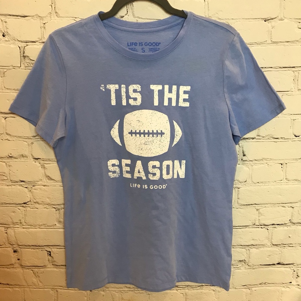 Life is Good Blue Tis The Season Football Crusher Tee size SMALL NWT